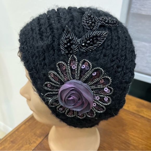 Black soft flower ear warmer muff knit head wrap hat ski headband crochet - Picture 5 of 5